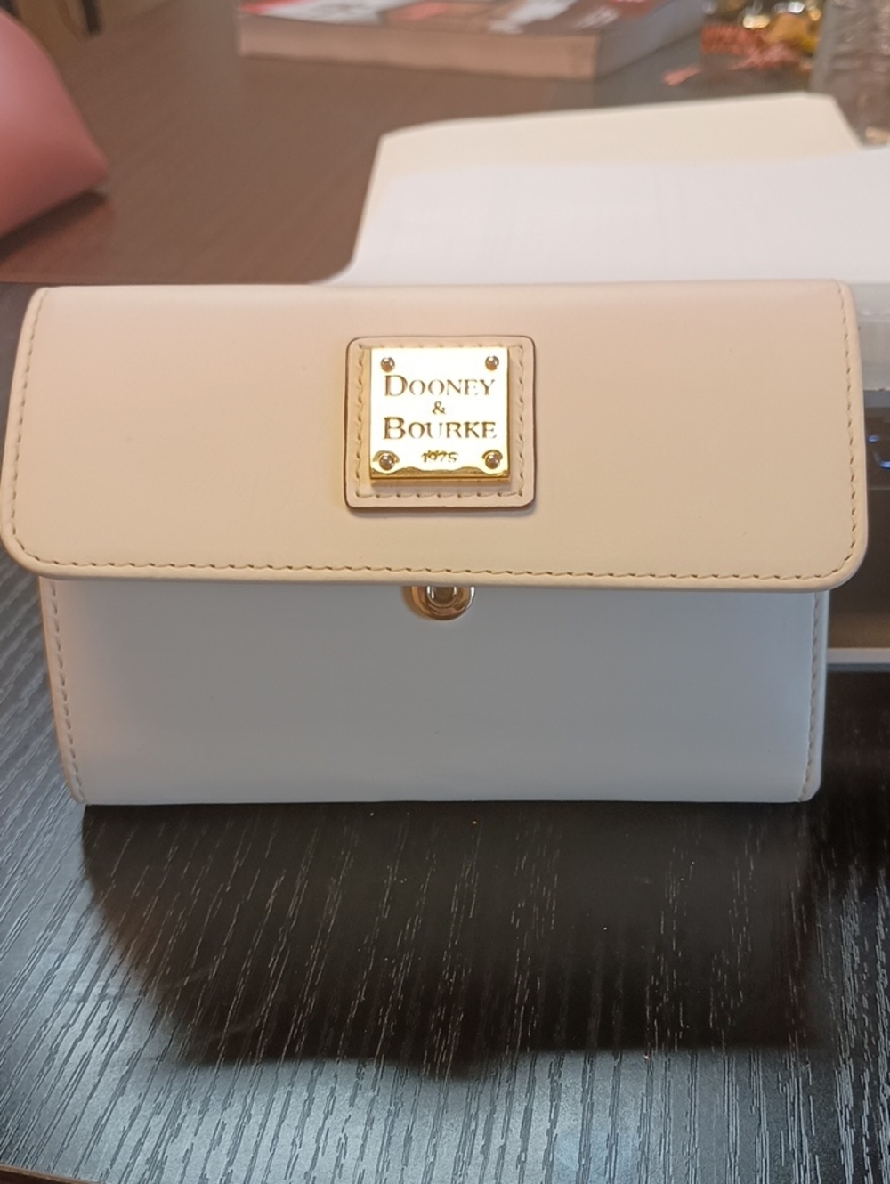Dooney & Bourke Cream Leather Snap Wallet with Gold Plaque